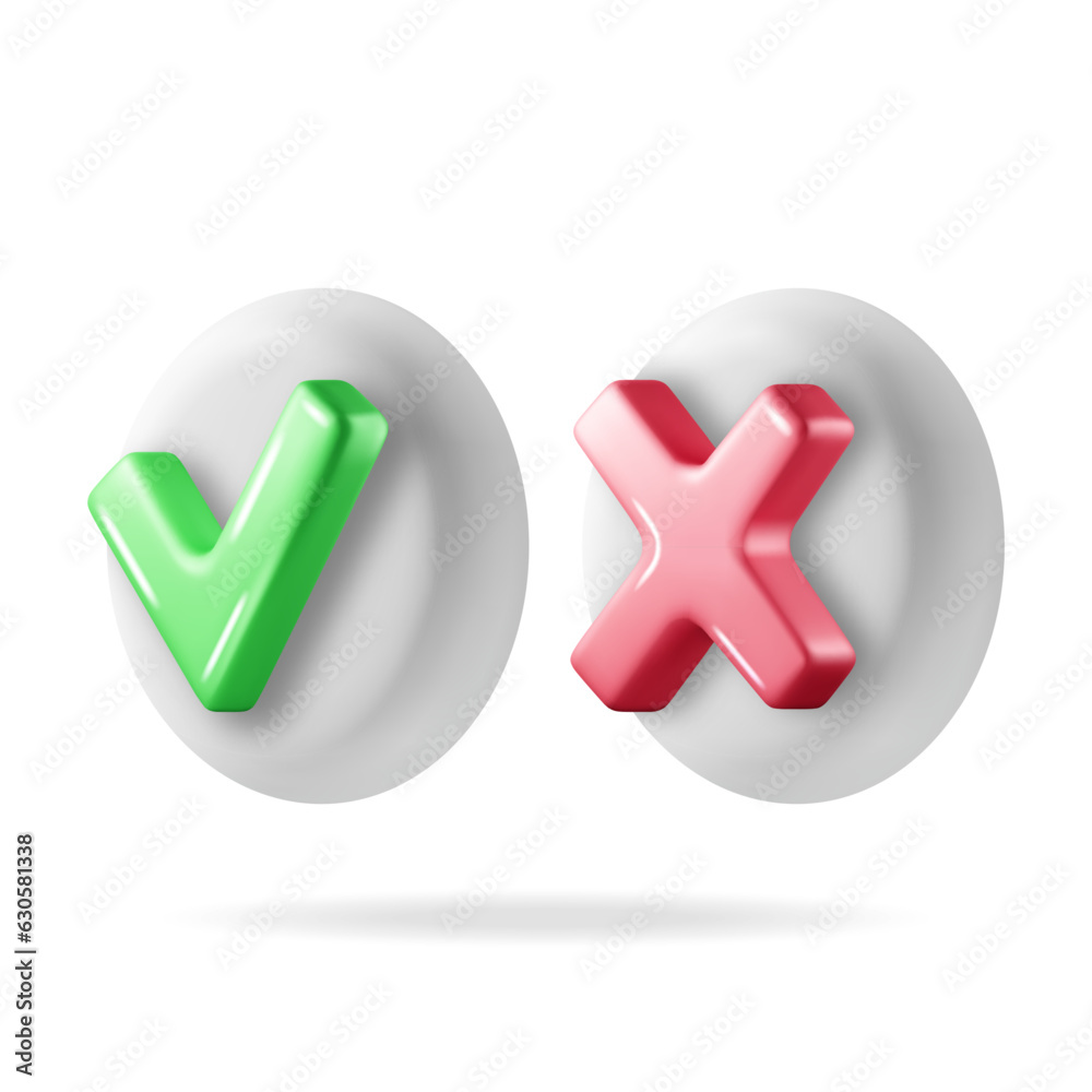 Poster 3d right and wrong button shape. green yes and red no correct incorrect sign. checkmark tick rejecti