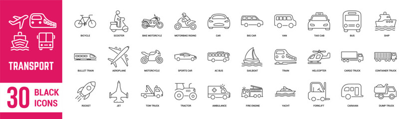 Fototapeta na wymiar Transport vehicle thin line icons set. Car, plan, bicycle, train, bus, bike, cargo truck, container, rocket and ambulance. Vector illustration