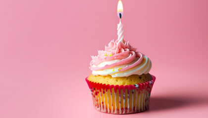 cupcake with candle on pink background