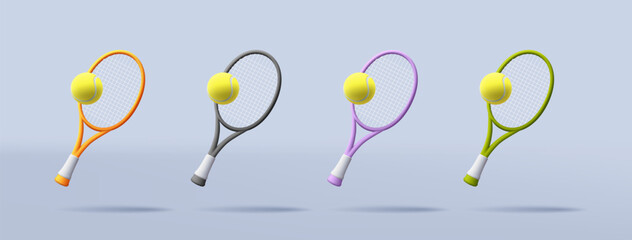 3d Vector Tennis Racket with Ball set in different colours illustration, render style