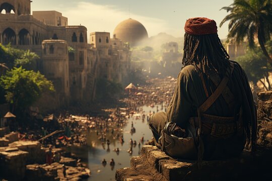 View from back of Somali Cushitic soldiers wearing ancient Carthaginian uniforms in the sunny very tropical city of Numidia in super realistic 8k cinematic style