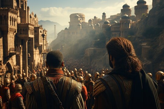 View from back of Somali Cushitic soldiers wearing ancient Carthaginian uniforms in the sunny very tropical city of Numidia in super realistic 8k cinematic style