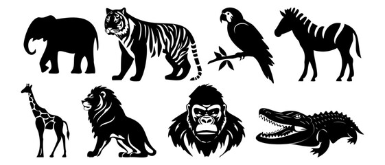 Animals line icon. Lion, crocodile, alligator, zebra, giraffe, elephant, gorilla. Black vector icons on a white background for Business
