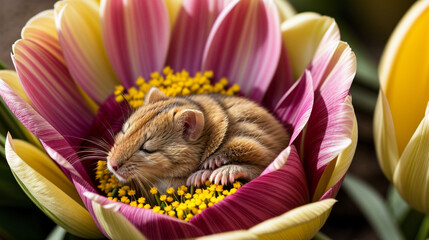 closeup of a cute fluffy harvest mouse sleeping inside a tulip flower