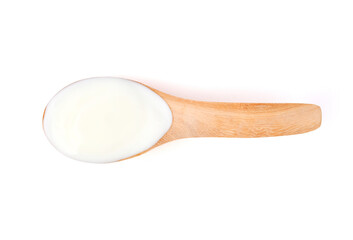 sour cream in wooden spoon, mayonnaise, yogurt on white background