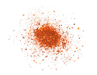 Chili. Crushed red cayenne pepper, dried chili flakes and seeds pile isolated on white background