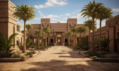 The ancient Egyptian temple is nestled amidst lush palm trees, creating a picturesque scene.