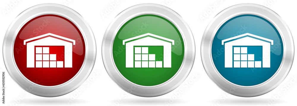 Aufkleber warehouse, storage vector icon set. red, blue and green silver metallic web buttons with chrome bord