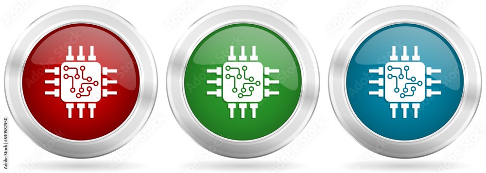 Poster circuit, technology, chip, processor vector icon set. red, blue and green silver metallic web button