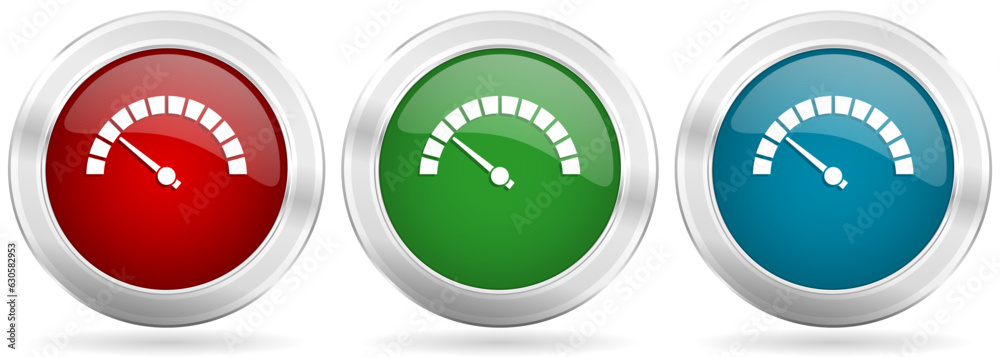 Poster speed meter, fast indicator vector icon set. red, blue and green silver metallic web buttons with ch