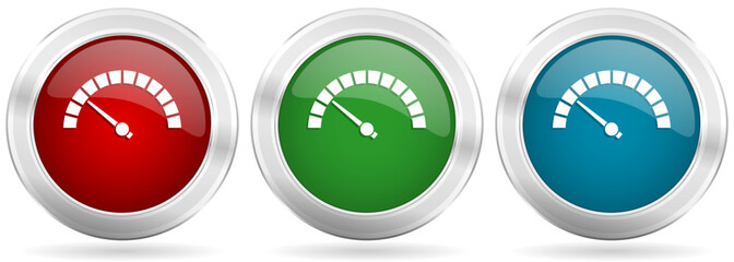 Speed meter, fast indicator vector icon set. Red, blue and green silver metallic web buttons with chrome border