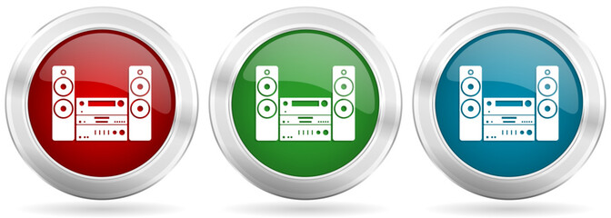Music, stereo equipment vector icon set. Red, blue and green silver metallic web buttons with chrome border