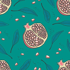Seamless pattern. Pomegranate fruits and leaves. Retro graphics. 