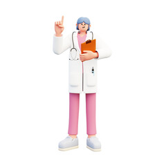 woman doctor pointing up while holding med report 3d illustration