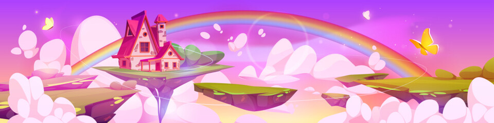 Naklejka na ściany i meble Fantasy house floating on magic island in sky. Vector cartoon illustration of fairy tale cottage flying on green land, rainebow, butterflies and shimmering particles around, game level platform
