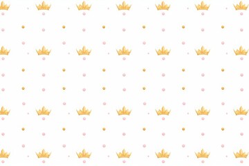 Seamless pattern in retro style with a gold crown and pink polka dots on white background. Cute wallpaper for little princesses, Generative AI
