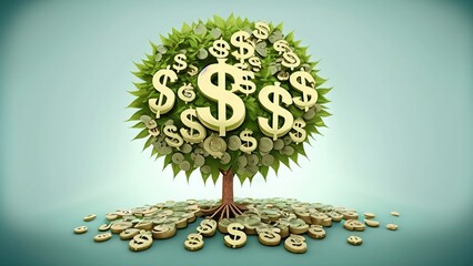 Money tree with dollar sign as symbol of growth and success. 3d illustration - obrazy, fototapety, plakaty