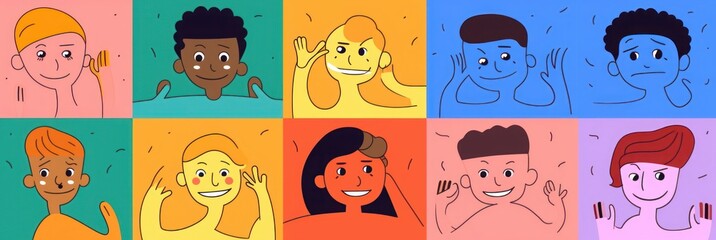 Diverse people face doing funny hand gesture and emotion. Colorful avatar design set, modern flat cartoon characters in simple doodle art style for psychology concept or social, Generative AI