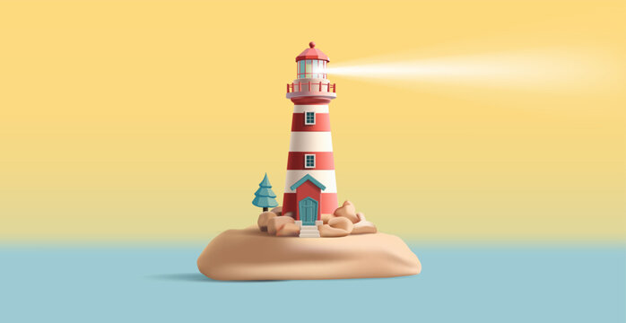 3d render illustration of a lighthouse on an island with beacon shining, red and white with rocks and trees around it