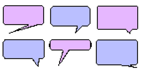 Pixel dialogue square box set in white background. Speech pixel bubble for chat and game. Cloud talk for retro game. Vector illustration