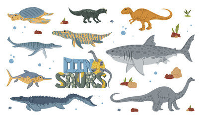 Cartoon dinosaur characters, Jurassic park dino reptiles and lizards, vector kids monsters. Dinosaurs and extinct reptiles of Jurassic aquatic creatures, brontosaurus and T-rex tyrannosaurus
