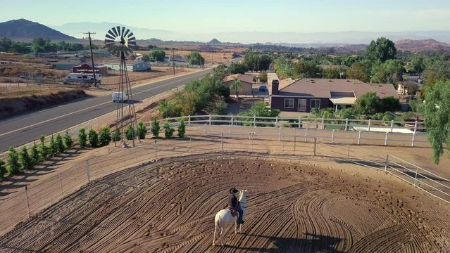Cowboy sitting on a horse on a farm