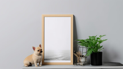 White Picture Wooden Frame With Plants, Mock-up, Generative Ai