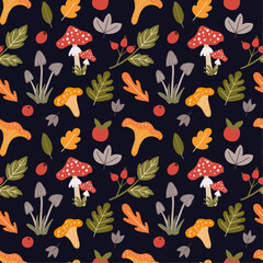 Seamless pattern with autumn elements on a black background. Trendy vector graphics perfect for wallpaper, wrapping paper, notebook covers, phone cases, prints on clothes, textiles, linens 