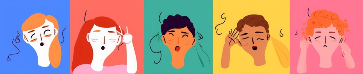 Diverse people face doing funny hand gesture and emotion. Colorful avatar design set,modern flat cartoon character collection in simple doodle art style for psychology concept or social,Generative AI