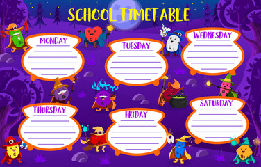 Education timetable schedule. Cartoon vitamin wizards and sorcerers in night Halloween forest. School vector weekly planner template with B5, D, U, B1, E, P and A. C, B12, K, B1 micronutrient capsules - obrazy, fototapety, plakaty