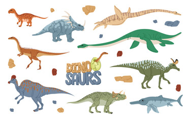 Cartoon dinosaur characters, vector prehistoric animals, dino baby and egg. Cute elaphrosaurus, ichthyosaurus, plesiosaurus and avaceratops, mussaurus, styracosaurus, lambeosaurus and corythosaurus