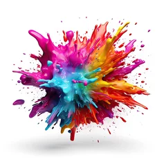 Foto op Plexiglas Vibrant Colorful Paint Explosion on White Background - Abstract Splatter Artwork in Creative Burst of Colors - Artistic Rainbow Paint Isolated Design © weerut