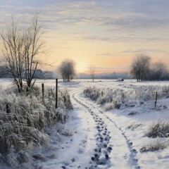 Obraz na płótnie Canvas winter road field, winter road, The winter road in a desolate area is covered in pristine white snow