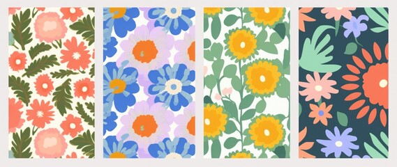 Obraz premium Trendy floral seamless pattern collection. Set of vintage 70s style flower background illustration. Colorful pastel color groovy artwork bundle, y2k nature backgrounds with spring, Generative AI