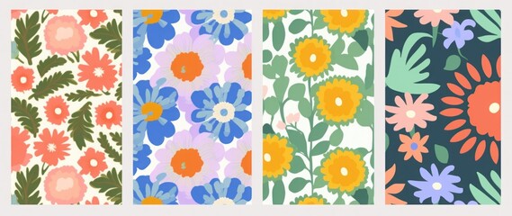 Trendy floral seamless pattern collection. Set of vintage 70s style flower background illustration. Colorful pastel color groovy artwork bundle, y2k nature backgrounds with spring, Generative AI