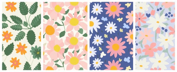 Trendy floral seamless pattern collection. Set of vintage 70s style flower background illustration. Colorful pastel color groovy artwork bundle, y2k nature backgrounds with spring, Generative AI