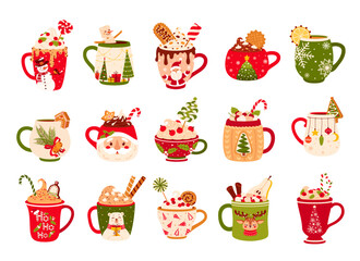 Christmas chocolate and eggnog drinks, winter holiday hot cups, vector icons. Christmas eggnog or milk punch beverages in cups and mugs, hot chocolate drinks for New Year and Xmas greeting card