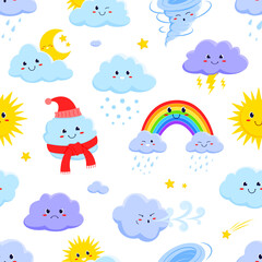 Cartoon weather characters seamless pattern. Vector tile background with sun, clouds, stars, rain and tornado, rainbow and snow cute childish personages. Repeated ornament for wallpaper, or textile