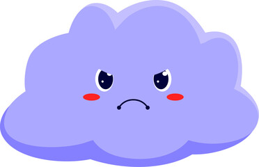 Angry cloud weather forecast cartoon character. Vector rainy weather emoticon, cute personage of sky, angry quirky emoji of cloud