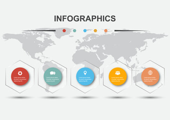 Infographic design template with 5 hexagons transparent