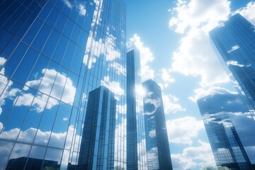 Modern Cityscape with Towering Skyscrapers and Reflective Glass against the Blue Sky, Generative AI