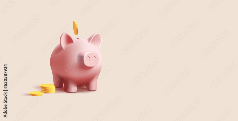 Wall mural pig piggy bank with gold coins pile. 3d render realistic vector illustration, bank digital icon