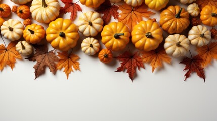 Pumpkins and fall leaves, top view.