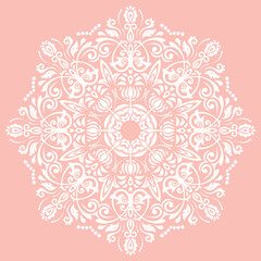 Oriental vector ornament with arabesques and floral elements. Traditional round classic pink and white ornament. Vintage pattern with arabesques