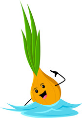 Cartoon cheerful onion vegetable character swimming with a big smile in the sea, on summer beach vacation, spreading happiness and positivity with every stroke. Vector veggies swimmer personage