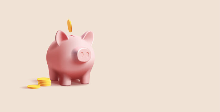 Pig piggy bank with gold coins pile. 3d render realistic vector illustration, bank digital icon