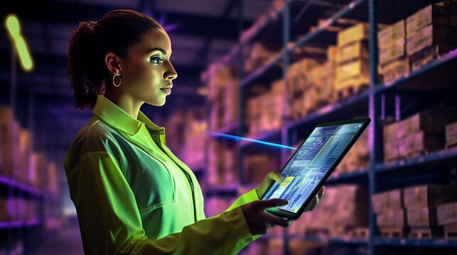 Warehouse Inventory Management: Employee Using Tablet App to Check Stock Levels, Generative AI