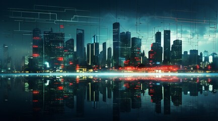 Futuristic Cityscape with Vibrant Light Green and Blue Colored Graphs, Generative AI