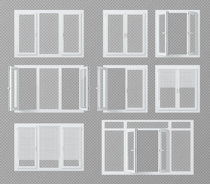 Realistic pvc windows, with plastic shutter or jalousie isolated 3d vector mockup set. Closed and open high-quality frames and energy-efficient glasses offer durability and functionality for buildings