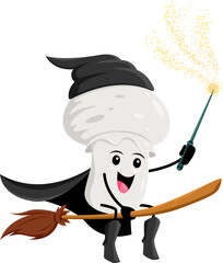 Cartoon Halloween champignon wizard mushroom character. Isolated vector mysterious fungus with magic wand soaring through the sky on a broomstick, exuding an aura of magic and enchantment